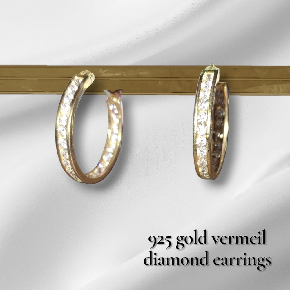 Gold Vermeil Sterling Hoop Earrings Silver Signed FAS 925 Thai Lab Diamond
